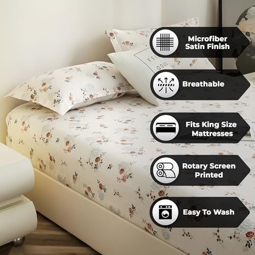 Image of Story@Home Cloud Cotton Fitted BEDSHEET (72 X 78 Inch) 360 Elastic King Size with 2 Pillow Covers | Super Soft Bed Sheet for King Size Bed Floral Design (White, Brown)