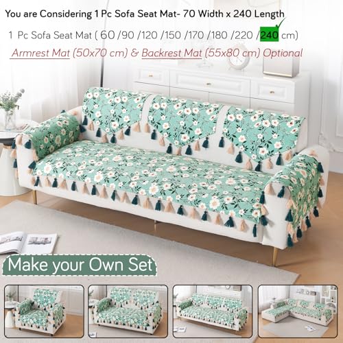 Image of HOKIPO Sofa Cover Mat with Tassel for 1 /2 /3 Seater & L Shape Sofa | DIY Sofa Cover Set | Digital Printed Holland Velvet | 'Whispers of Nature' | 70(W) x 240(L) cm | Sage Floral Vine (IN-1124-D8)