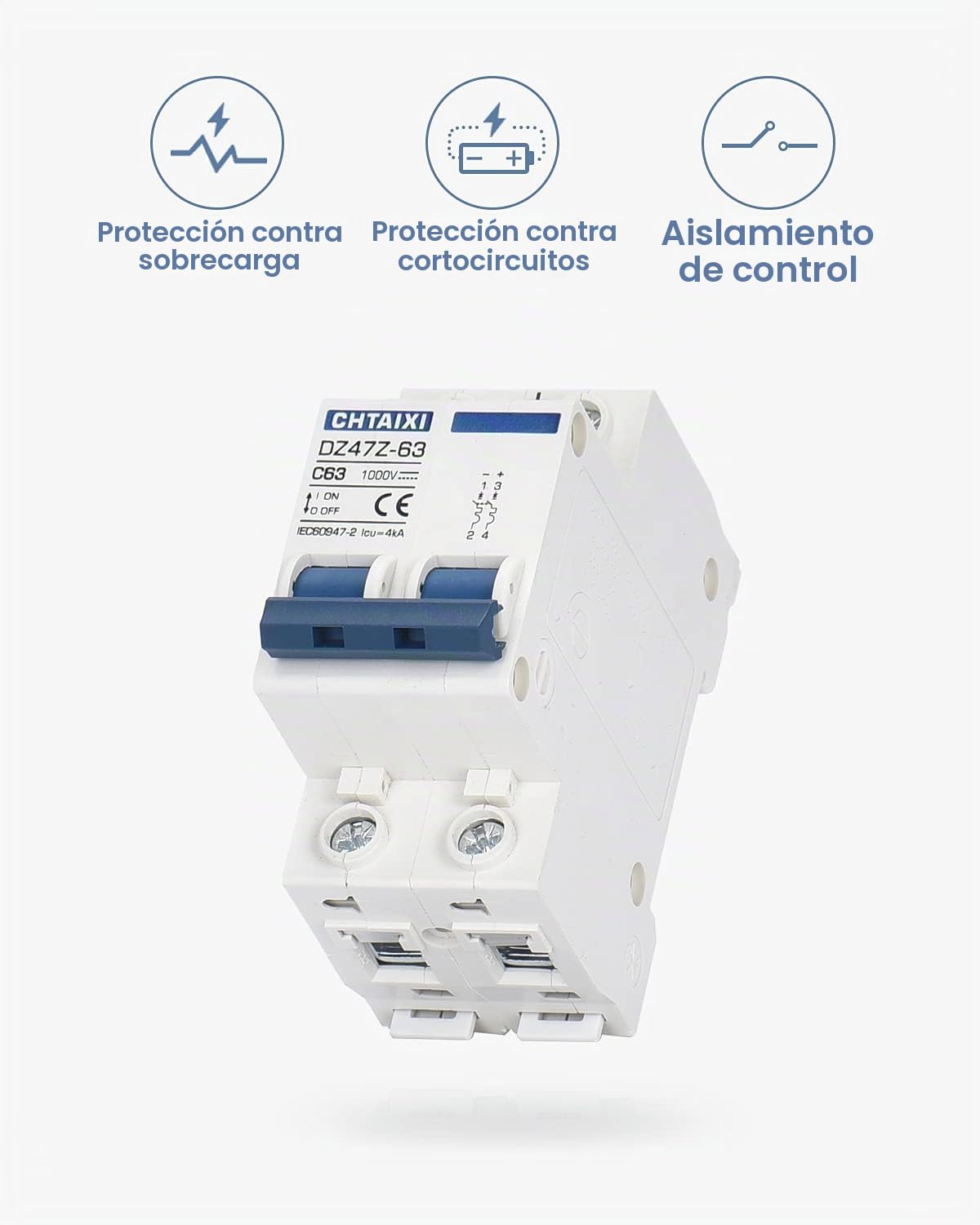 Disyuntor miniatura DZ47Z-63, 1000V 2P 63 Amp para sistema solar fotovoltaico, viaje magnético térmico, montaje en carril DIN