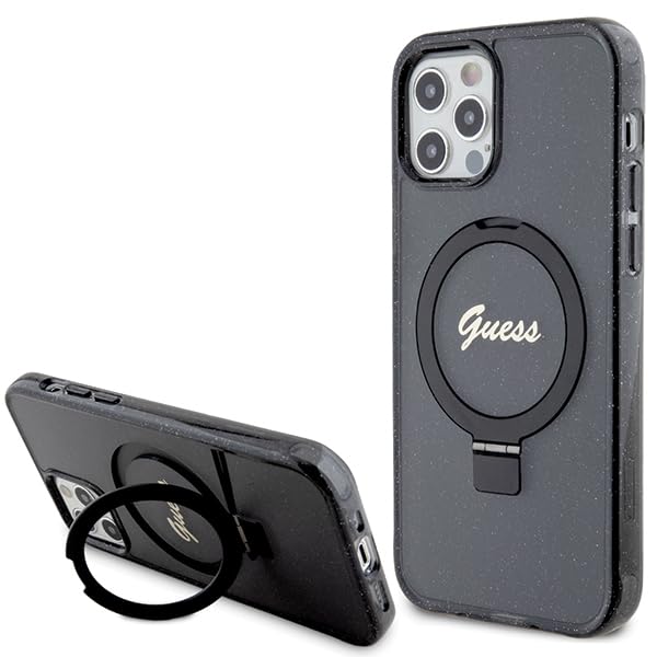Guess GUHMP12MHRSGSK Coque pour iPhone 12/12 Pro 6,1" Noir Coque Rigide avec Anneau Support Script Paillettes
