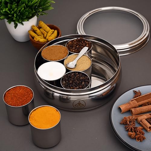 Image of Spice Box - 7 Compartment Food Grade Stainless Steel Masala Container with Lid & Spoon | Bold Kitchen Organizer for Everyday Cooking (Silver) 1500 Ml