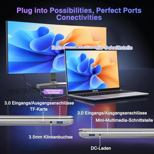 Laptop 15.6 Inch 6GB RAM 256GB SSD Erweiterung 1TB, Notebook Win 11 con 5G WiFi 3.0 Übertragung Anschluss BT 4.2 1920*1080 FHD, Laptops With Mini Multimedia Anschluss & Deutscher Keyboardfilm-Grey – Bild 7