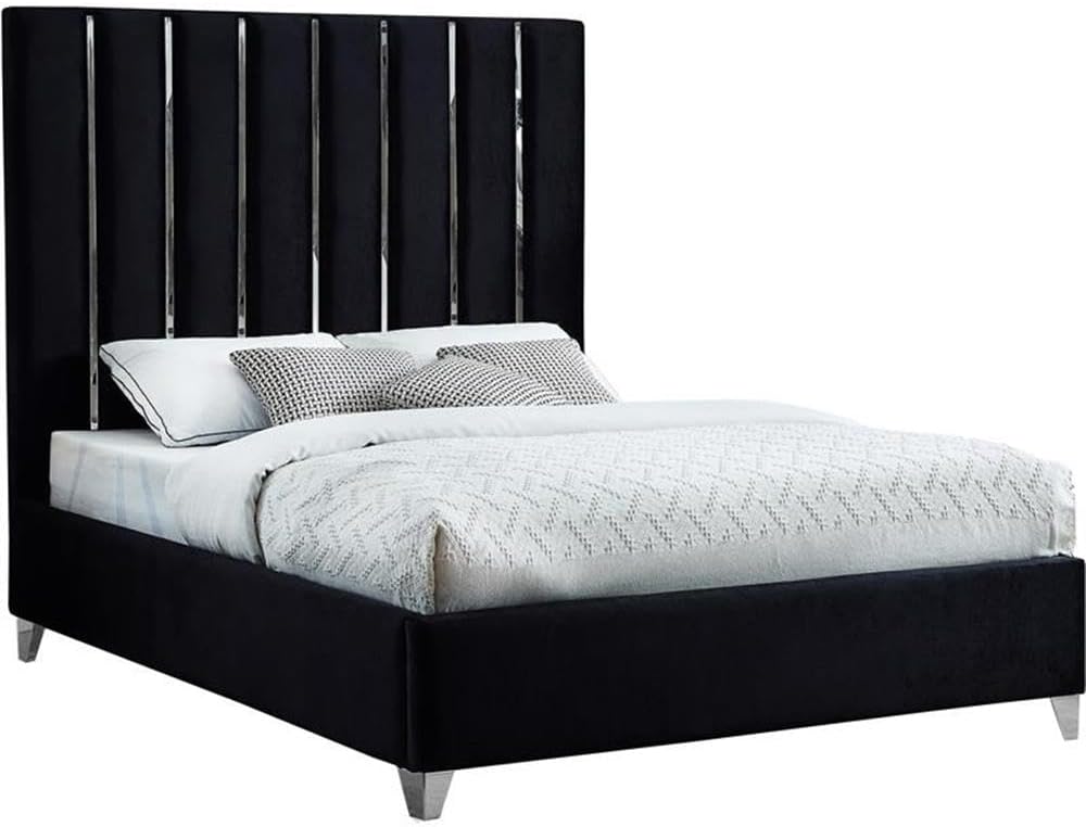Meridian Furniture Enzo Collection Modern | Contemporary Velvet Upholstered Bed with Deep Channel Tufting and Chrome Accent Design, Black, Full