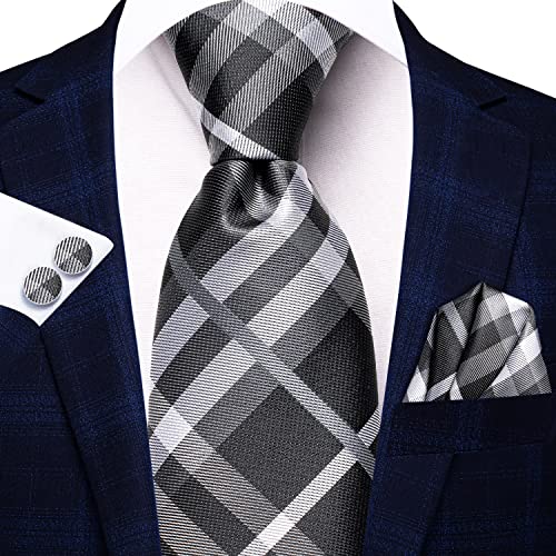Image of Hi-Tie Mens Plaid Ties Classic Paisley Necktie with Handkerchief Cufflinks Set Business Stripe Tie
