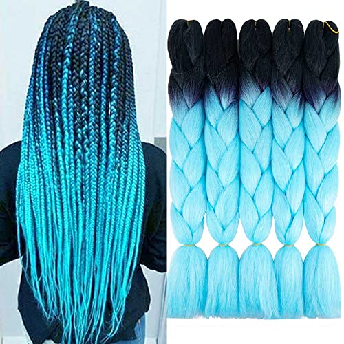 AIDUSA Ombre Braiding Hair Light Blue 5pcs Synthetic Braid Hair Extensions Jumbo Braiding Hair 24 Inch 2 Tones for Box Braids Twist Crochet Braids 100g(#B24 Black to Light Blue)