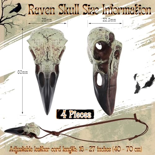Geetery 4 Pcs Halloween Raven Skull Bone Necklace 2.36 Inch Gothic Leather Necklace Halloween Crow for Women Men Resin Bone Hanging Decoration Gift2