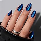 Lot de 24 faux ongles courts à presser en forme d'amande - Effet miroir - Effet chromé - Pour femme - Bleu roi