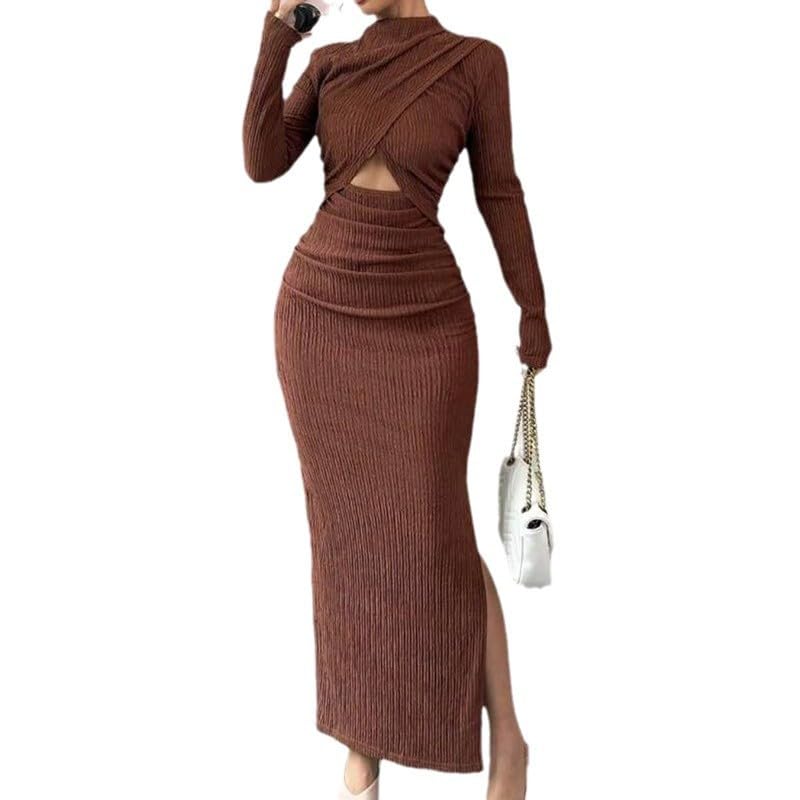 Temperament Womens Solid Color Knitted Design with Slit Skirt Temperament Set