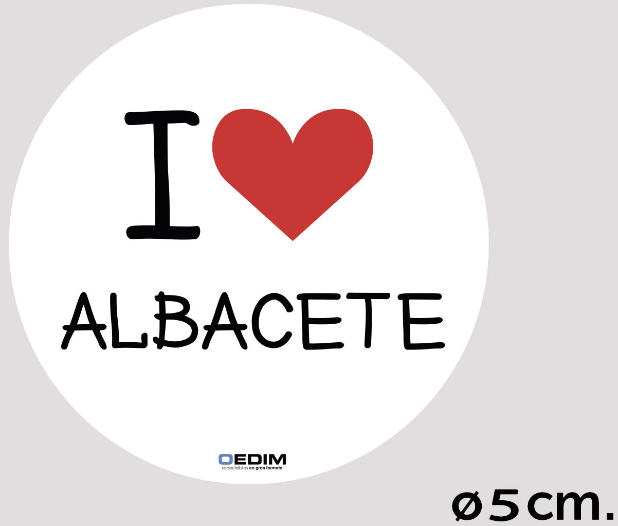 Oedim Rollo Bobina con 1000 Etiquetas de I Love Albacete | 5cm de diámetro | Fabricadas en Polipropileno Blanco Adhesivo