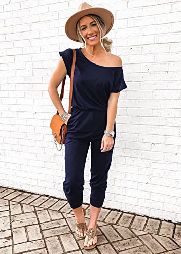 Image of PRETTYGARDEN Jumpsuits for Women Summer Off Shoulder Romper | Short Sleeve Drawstring Waist, Jogger Jumpers with Pockets, One Piece Spring Break Outfits, Vacation Travel Lounge Clothes