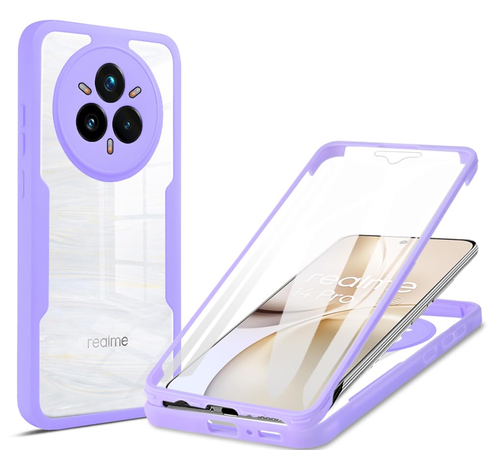 YUXING Full Body Case for Realme 14 Pro 5G, Dual-Layer 360° Shockproof Cover with Built-in Screen Protector, Clear Back, Easy Install-Purple