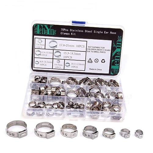 SOLUSTRE 70pcs Stainless Steel Hose Clamp Single Ear Clamp Set Storage Box for Cables Pipes (diameter 7mm-21mm)