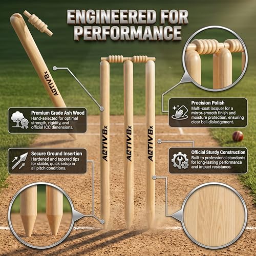 Image of Wooden Cricket Wicket Set Full Size with 1 Base, 2 Bails & 3 Wickets