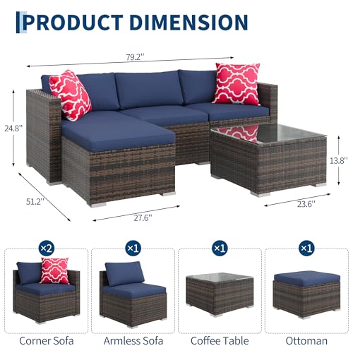 Image of GAOMON 5-Piece All-Weather Patio Furniture Set, Convertible Outdoor Sectional Sofa with Ottoman & Tempered Glass Table, PE Rattan Conversation Set for Garden, Backyard, Porch, Poolside