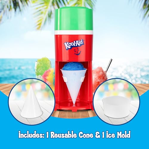 Image of Kool-Aid Electric Ice Shaver for Snow Cones & Frozen Drinks - Single Serve Machine with Stainless Steel Blades - Reusable Cone and Freezing Bowl Mold Included - Strawberry Red