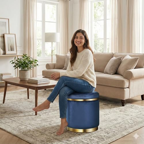 Image of Decorative Ottoman Pouffes for Sitting - Two-Piece Set of Puffy Stools and Footstools - Round Ottoman Stool for Living Room Furniture (Blue)