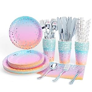 fanquare Arcoíris Vajilla de fiesta Set 192 Uds Platos de Papel, Vasos, Servilletas, Cubiertos, Pajitas Suministros para Fiestas de Cumpleaños, Decoraciones para 24 Invitados