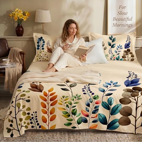 Image of SANMARINO 300TC Cloud Cotton King Size Bedsheet with 2 Pillow Covers | Super Soft & Breathable | Luxury Floral Pixel Bloom Digital Print Bedding Set | 228x254 cm | Autumn Leaves Blue Mustard