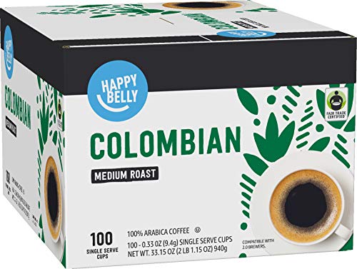 Image of Amazon Brand - Happy Belly Medium Roast Coffee Pods, Colombian, Compatible with Keurig 2.0 K-Cup Brewers, 100 Count