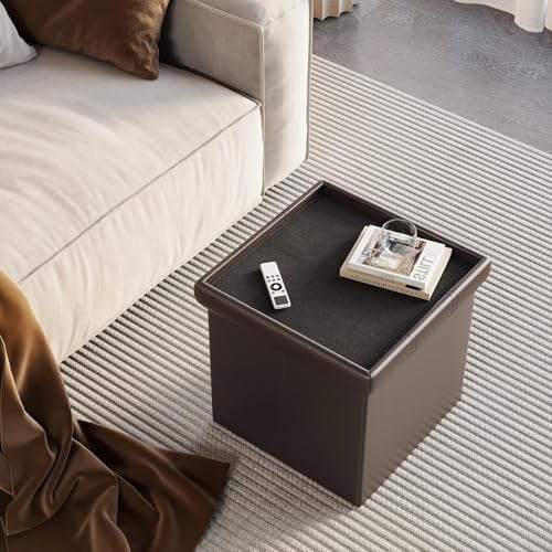 Image of AR Mall 15 Inches Storage Ottoman Cube, Foldable Storage Boxes Footrest Step Stool, Padded Seat for Dorm Living Room Laundry Storage Space, Bed Storage Seat, Toys Storage (38X38X38 CM) (BROWN LEATHER)