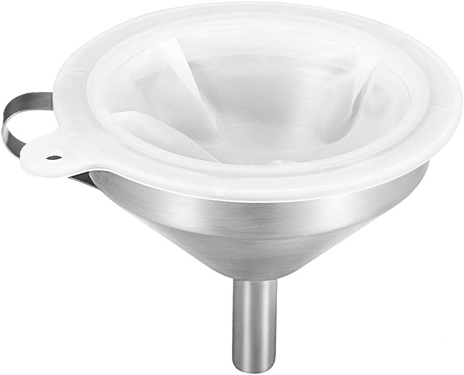 Picowe 5.1inch 304 Stainless Steel Funnel, with Removable 200 Mesh Food Filter and Stainless Steel Strainer for Transferring Liquids, Oil and Filter Residue for Narrow Neck Bottles Jars
