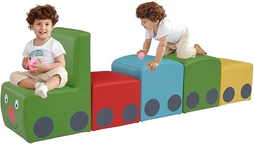 Kinsuite Juego de sofá para niños 5 piezas de espuma de piel de PVC para niños pequeños marco de madera silla y taburetes para guardería escuela