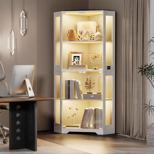 Image of BROTTAR Lighted Corner Display Cabinet with Glass Doors for Collectibles | 65 inch Curio Cabinet with 3 Color LED Lights, 4-Tier Showcase Display Case with Human Body Sensor for Trophies, Books, White