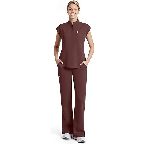 Women Scrubs Set,Sleeveless Stand Collar Scrub Top,Straight Leg Scrub Pant,11-Pocket Medical Uniform,Yoga Waistband