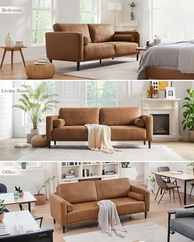 Image of HIFIT 79'' Mid Century Modern Faux Leather Couch Set for Living Room, Brown | 3 Seater Sofa Set, Deep Seat, Plush Cushion, Performance Pocket Spring, 2 Pillows, 800lb Capacity Home Sofa for Office, Brown