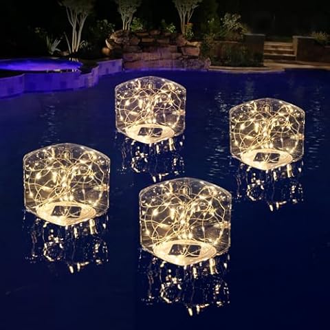 LENONE Solar Floating Pool Lights, 5.6“ Glow in The Dark Warm White Square Solar Pool Lights That Float, IP68 Waterproof Auto ON/Off Solar Floating Lights for Pool Wedding Party Decorations (1 Piece) Cover