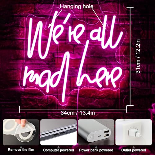 Image of WLHOPE We're All Mad Here Neon Sign Pink Neon Signs for Wall Decor Alice In Wonderland Party Decorations Connectivity Via Neon Light for Bedroom Home Dorm Wedding Party Bar Pub Salon Christmas Gifts