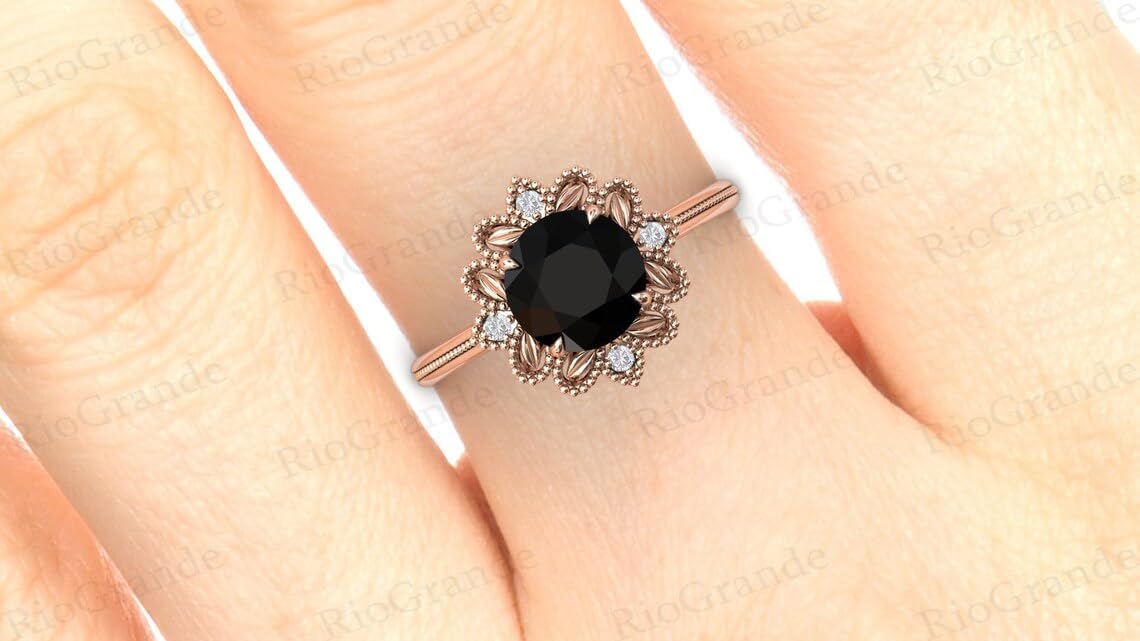 Vintage Black Onyx 2.5 CT Engagement Ring Antique Art Deco Leaf Style Black Onyx Wedding Ring 14k Gold Black Onyx Filigree Bridal Promise Ring Victorian Proposal Ring Anniversary Ring Perfact for Gift