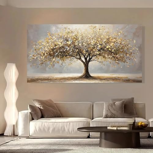 Toile Murale Arbre de Vie aux Feuilles Dorées Cadre 70x140cm - 2