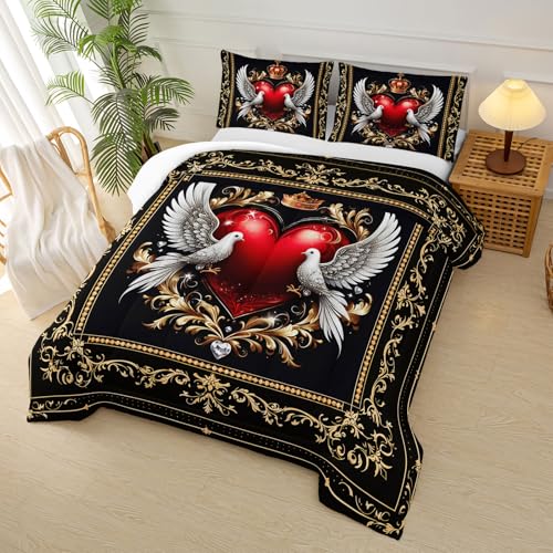 Image of Red Heart Comforter Set Queen Size for Women Girls,Love Pattern Bedding Set 3 Pieces,Crown Love Heart Bird Print Black Paisley Bedding Set,Boho Quilt Set with 2 Pillowcases