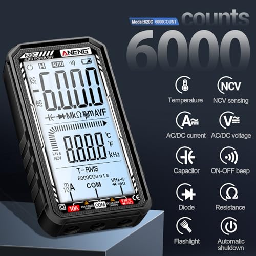 Image of Digital Multimeter Tester, Smart Digital Multimeter 6000 Counts with Auto Ranging Digital Voltmeter Measures Voltage Current Resistance Continuity for Electricians,DIY (620C Black)