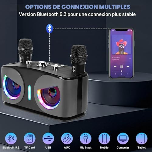 Machine de karaoké avec 2 micros sans fil et connexion Bluetooth portable