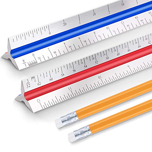 Gejoy 2 Pack 12 Inch Triangular Architect Scale Aluminum Architectural Triangle Ruler for Blueprint Drafting with 2 Pack Pencils for Architects Students Draftsman Engineers