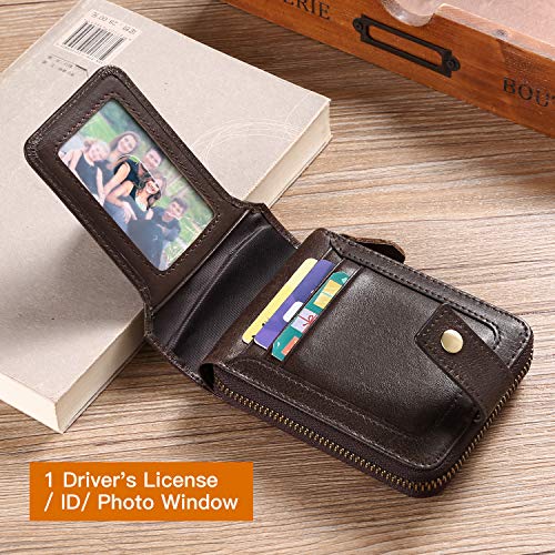 GOIACII Zipper Wallet for Men Genuine Leather RFID Blocking Mens Wallet with Zipper Coin Pocket ID Window Zipper Wallets Large Capacity4