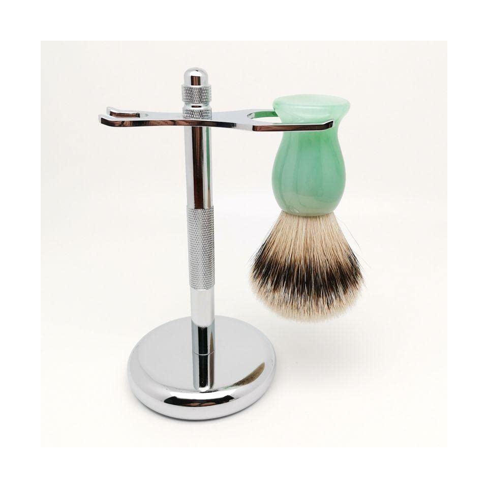 Soporte de maquinilla de afeitar práctico de acero inoxidable para hombre, soporte para cepillo de afeitar de pelo de tejón plateado masculino, juego de afeitado perfecto de moda