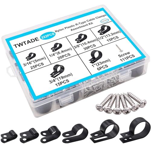 TWTADE 222PCS Black Cable Clamps Assortment Kit,Nylon Plastic R-Type 6 Sizes 3/16'' 1/4'' 3/8'' 1/2'' 3/4'' 1'' Cable Mounting Wire Clips Fastener with Screws for Wire Management
