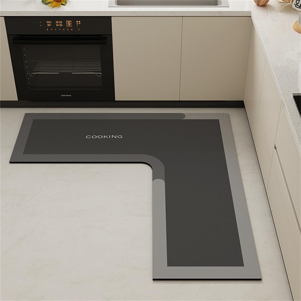 Hixingo Tappeto Cucina in Diatomite, Passatoia Antiscivolo Lavabile, Forma a L, Runner da Bagno e Tappetino per Doccia (140x45cm, Grigio Scuro)