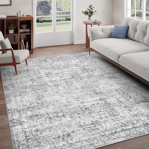 Rugland 8x10 Area Rugs - Stain Resistant Washable Rug, Anti Slip Rugs for Living Room, Vintage Tribal Area Rugs(Vintage01-Distressed Grey, 8'x10')