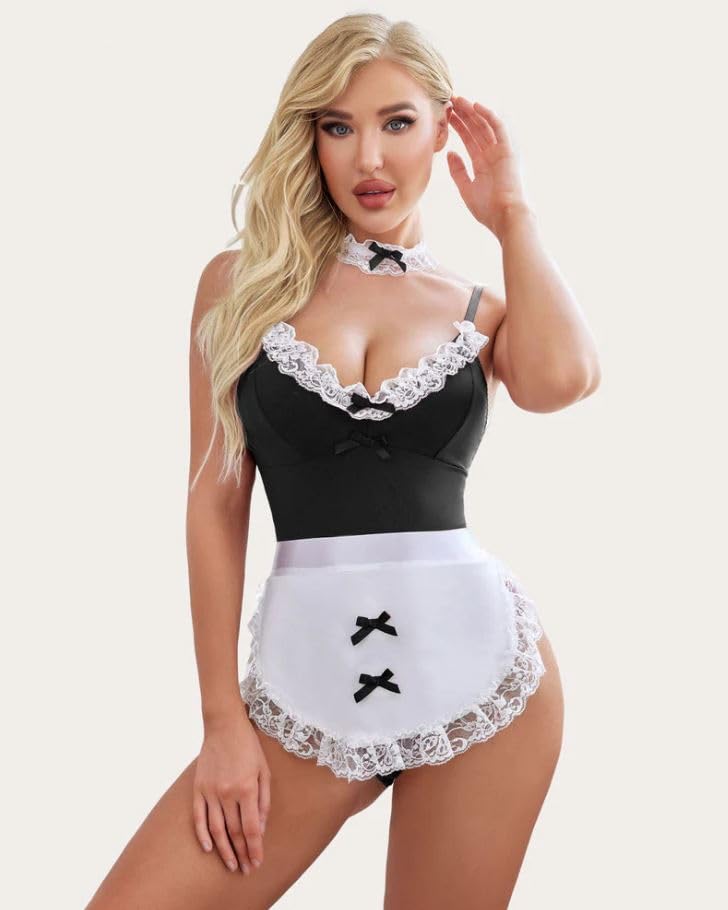 lillycreation French Maid Lingerie Bodysuit, Burgundy and White, Lace Trim with Bow Details, Costume Set-picture-16