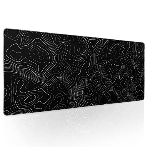 Topographic Contour Black Gaming Mouse Pad XL Topo Geographic Map Lines Extended Large Mouse Pad Big Desk Mat Non-Slip Rubber Base Stitched Edge Long Keyboard Playmat for Desk Computer,31.5×11.8 in