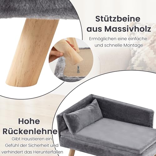 GYMAX Hundesofa erhöht, Katzensofa mit Rückenlehne, Kiefernholzbeinen & abnehmbaren Kissen, Haustiersofa für mittlere Hunde unter 50 kg, Hundebett, Hundecouch, 81 x 51 x 47 cm (Grau)