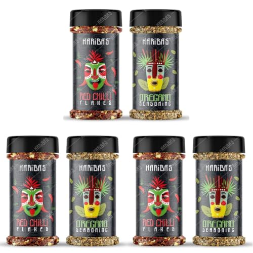 Image of HARIBAS Combo Of Red Chilli Flakes&Oregano Sprinkler,100Gram Each,Natural Ingredients,Chilli Flakes&Oregano Seasonings 100% Pure,Vegetarian Pizza,Pasta,Sandwich Uses,Same Taste Every Time (Pack of 3)