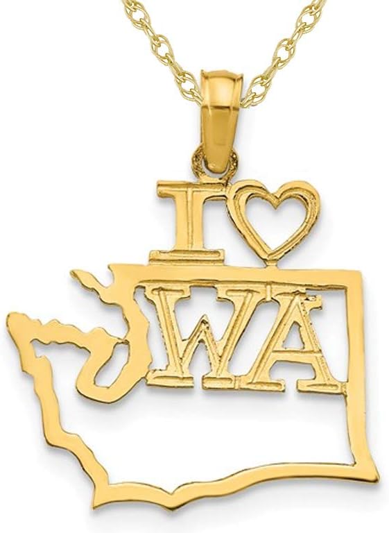14K Yellow Gold Solid Washington State Charm Pendant Necklace with Chain