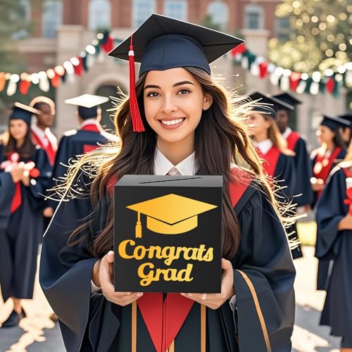 Image of OLANRUN 9 inch Graduation Card Box, Graduation Decorations 2026 - Congrats Grad Foldable Cardstock Money Box for Class of 2026 Grad Party Decor (Black)
