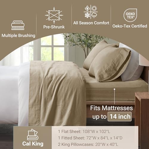 True North by Sleep Philosophy Cozy Flannel Warm 100% Cotton Sheet - Novelty Print Animals Stars Cute Ultra Soft Cold Weather Bedding Set, Cal King, Tan Solid 4 Piece