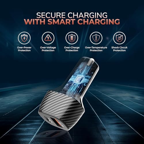 Image of Kratos 51W Fast Car Charger with Dual Output, 51 Watts Total (28W USB + 25W Type C PD), Fast Charging, Adapter for iPhone & Android Smartphones and Tablets (Black)